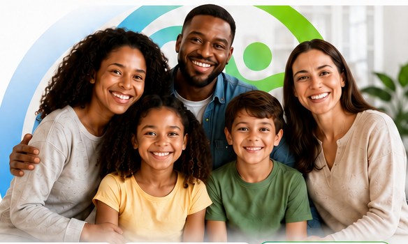Família sorrindo: pai, mãe e dois filhos